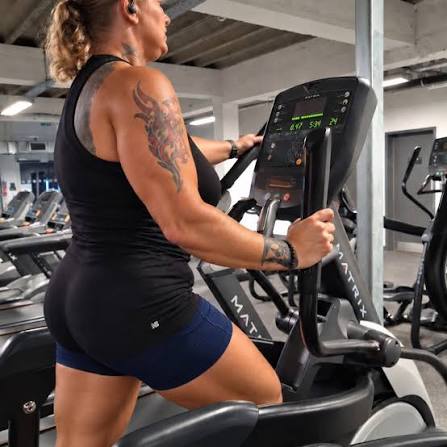 Steph training on a cardio machine in the gym